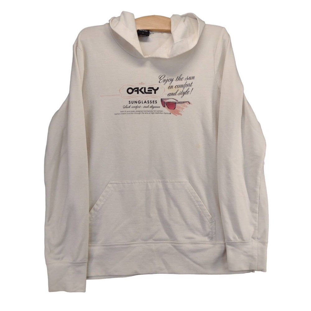 Oakley Sunglasses Pullover Hoodie Size L White Graphic Logo Spell Out Pocket